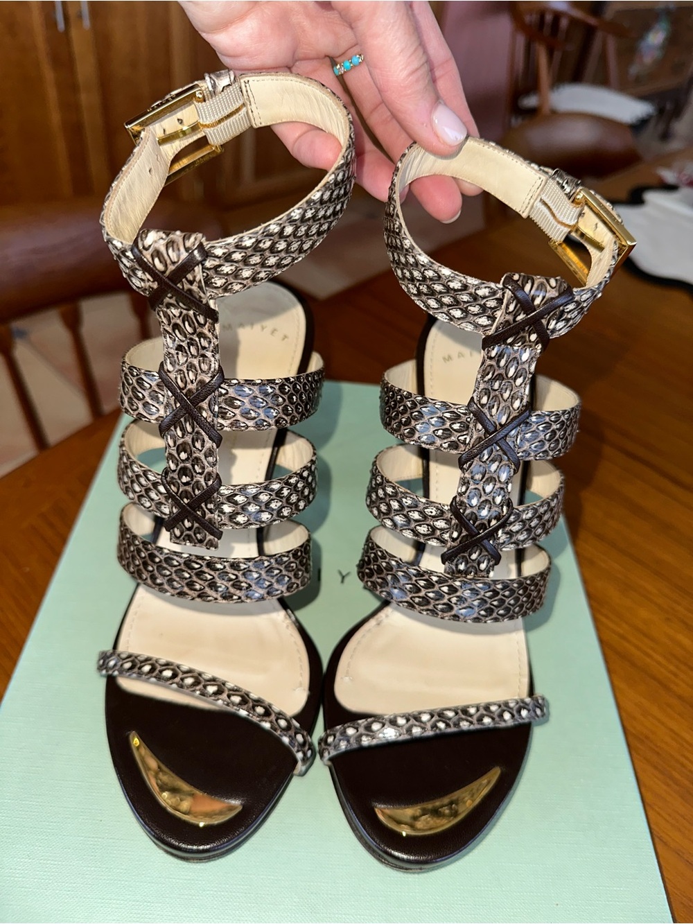 🤎 Maiyet Python-Embossed Leather Lucite Heel Sandals | IT 38.5 / Retail $950